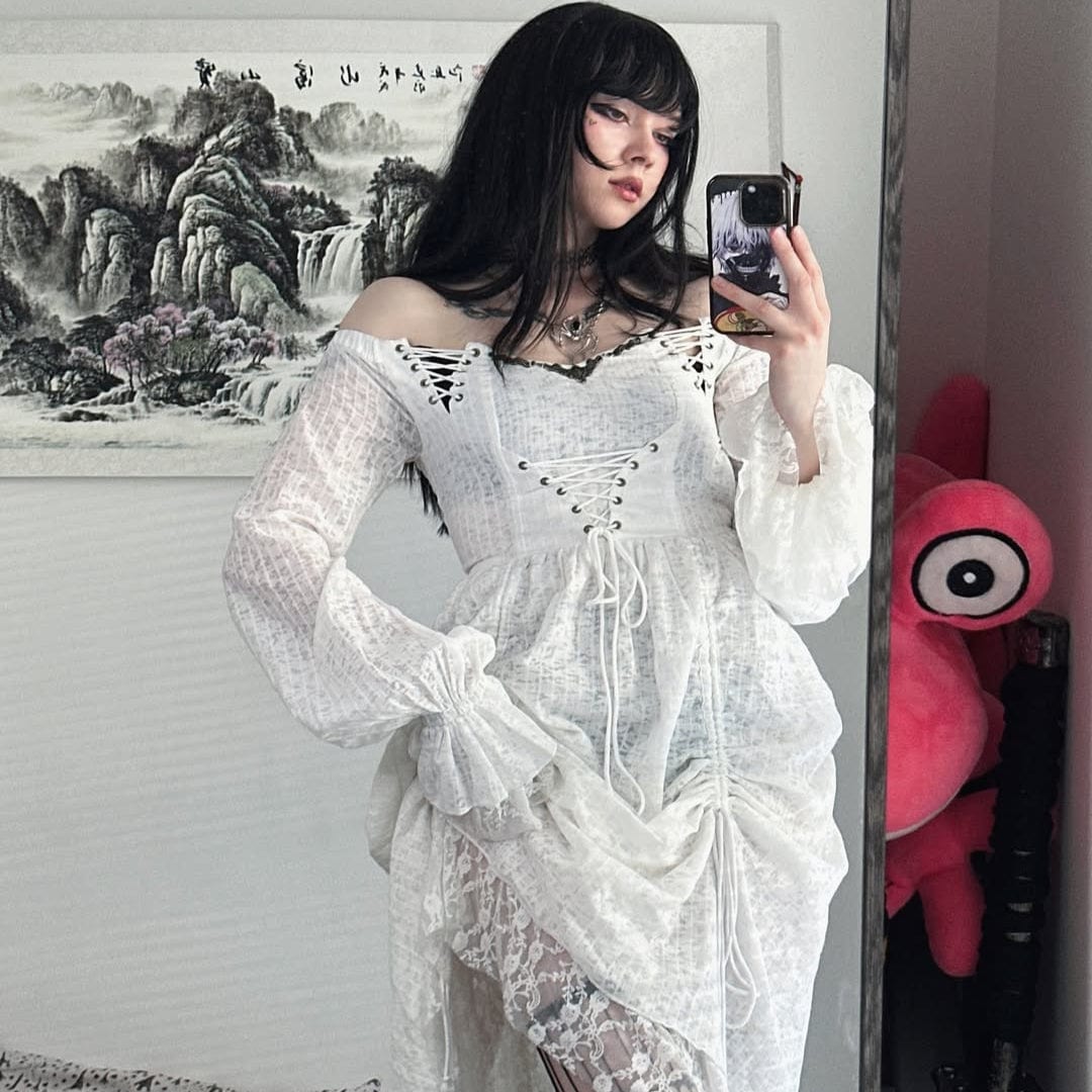 PUNK RAVE Women's Goth Cold Shoulder Puff Sleeved Little Dresses With Mesh Ruffles