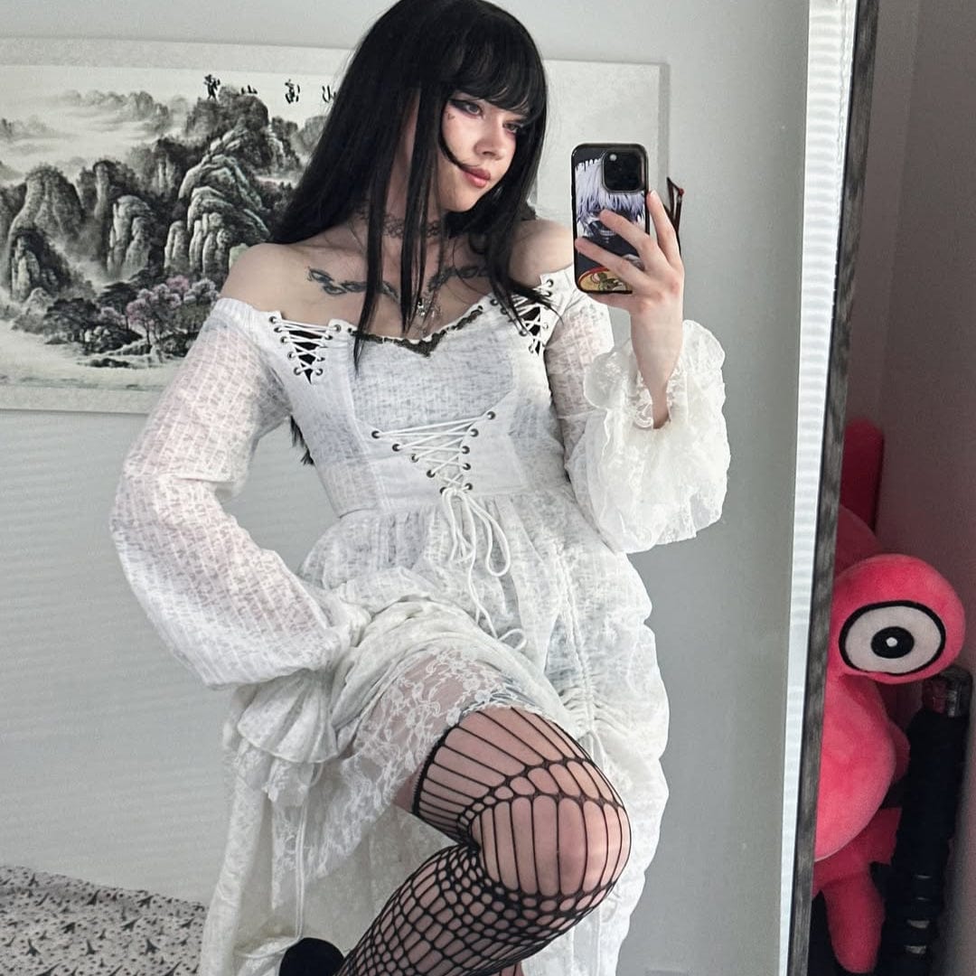 PUNK RAVE Women's Goth Cold Shoulder Puff Sleeved Little Dresses With Mesh Ruffles