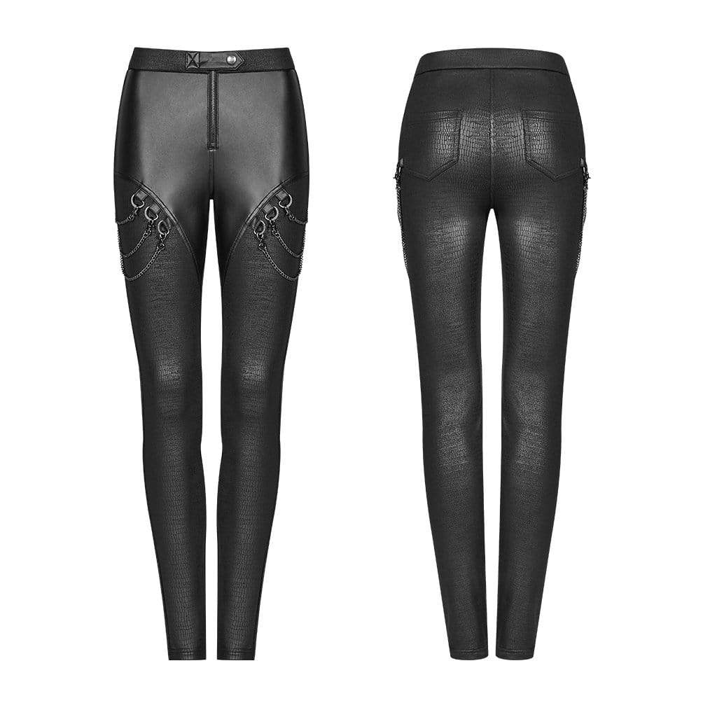 PUNK RAVE Women's Goth Faux Leather Skinny Leggings With Metal Chains