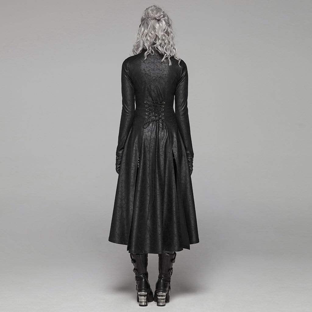 PUNK RAVE Women's Goth Front Zipper Stand Collar Maxi Overcoat