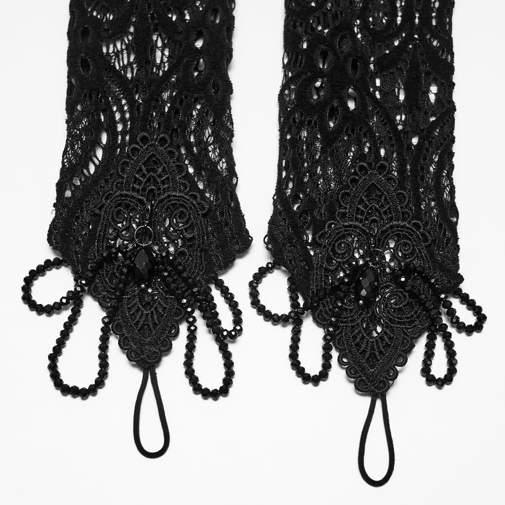 PUNK RAVE Women's Gothic Applique Beaded Long Gloves Black