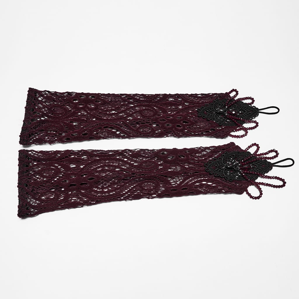 PUNK RAVE Women's Gothic Applique Beaded Long Gloves Red