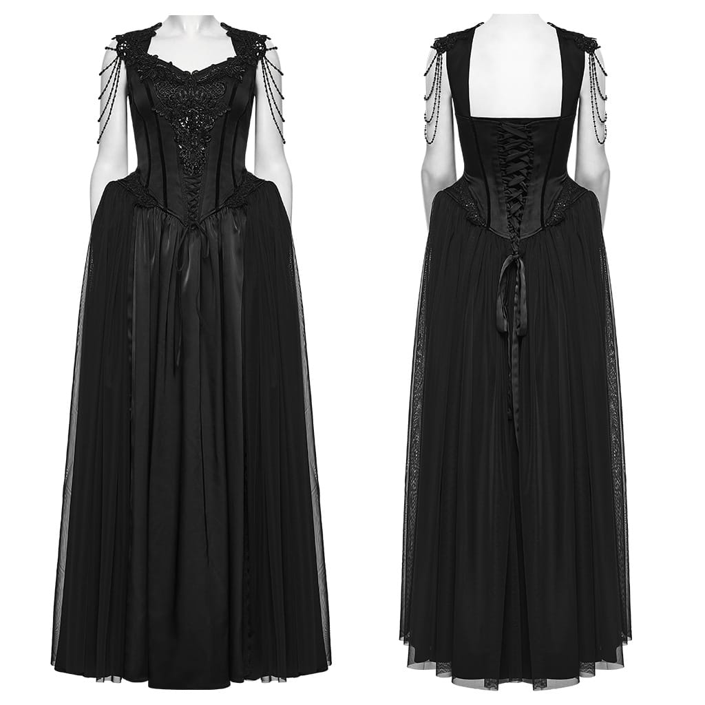 PUNK RAVE Women's Gothic Applique Chained Sleeveless Maxi Dress Black