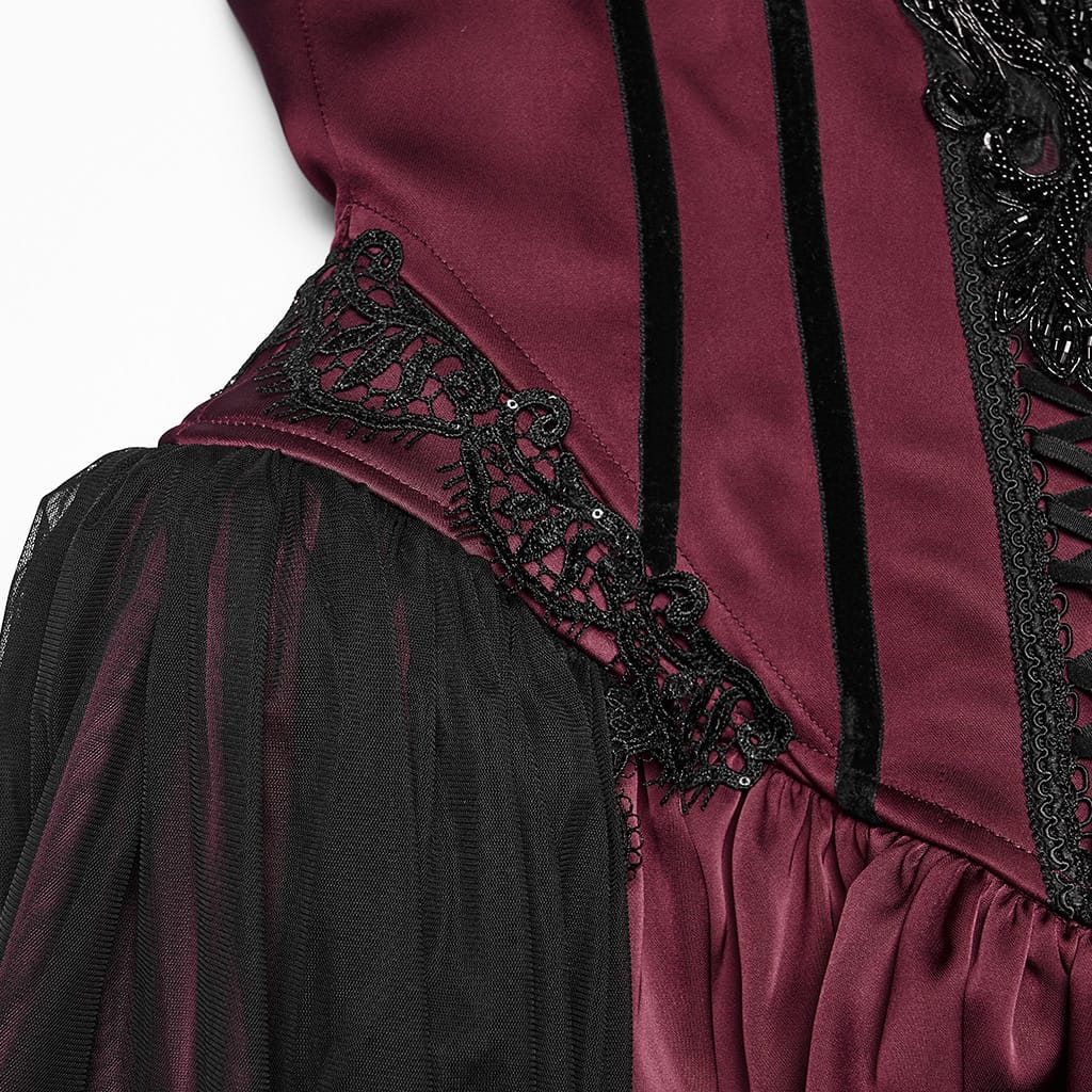 PUNK RAVE Women's Gothic Applique Chained Sleeveless Maxi Dress Black-Red
