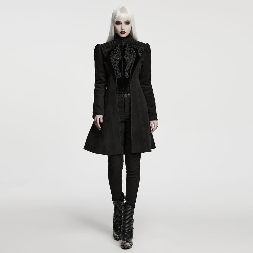 PUNK RAVE Women's Gothic Applique Lace-up Zipper Front Coat Black