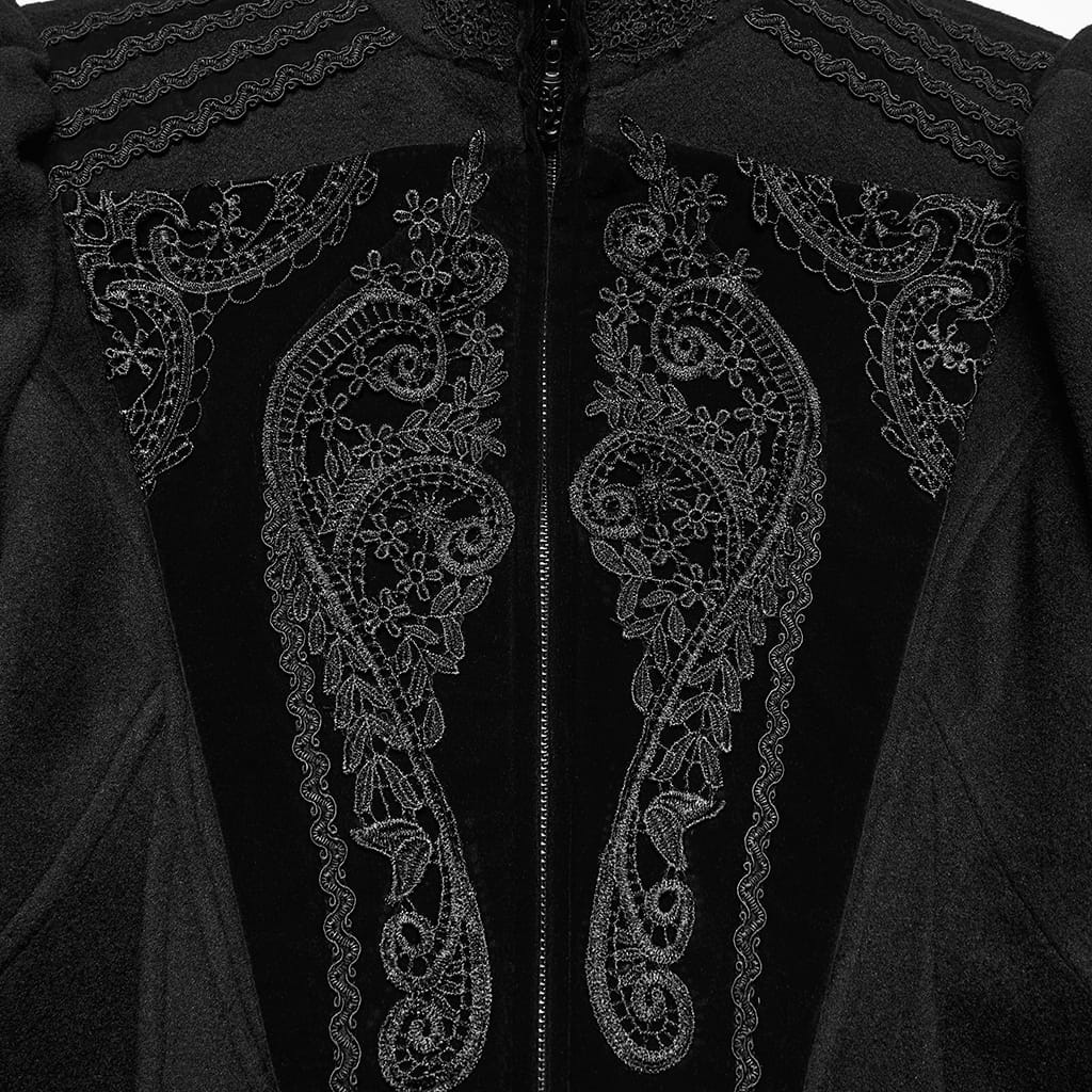 PUNK RAVE Women's Gothic Applique Lace-up Zipper Front Coat Black
