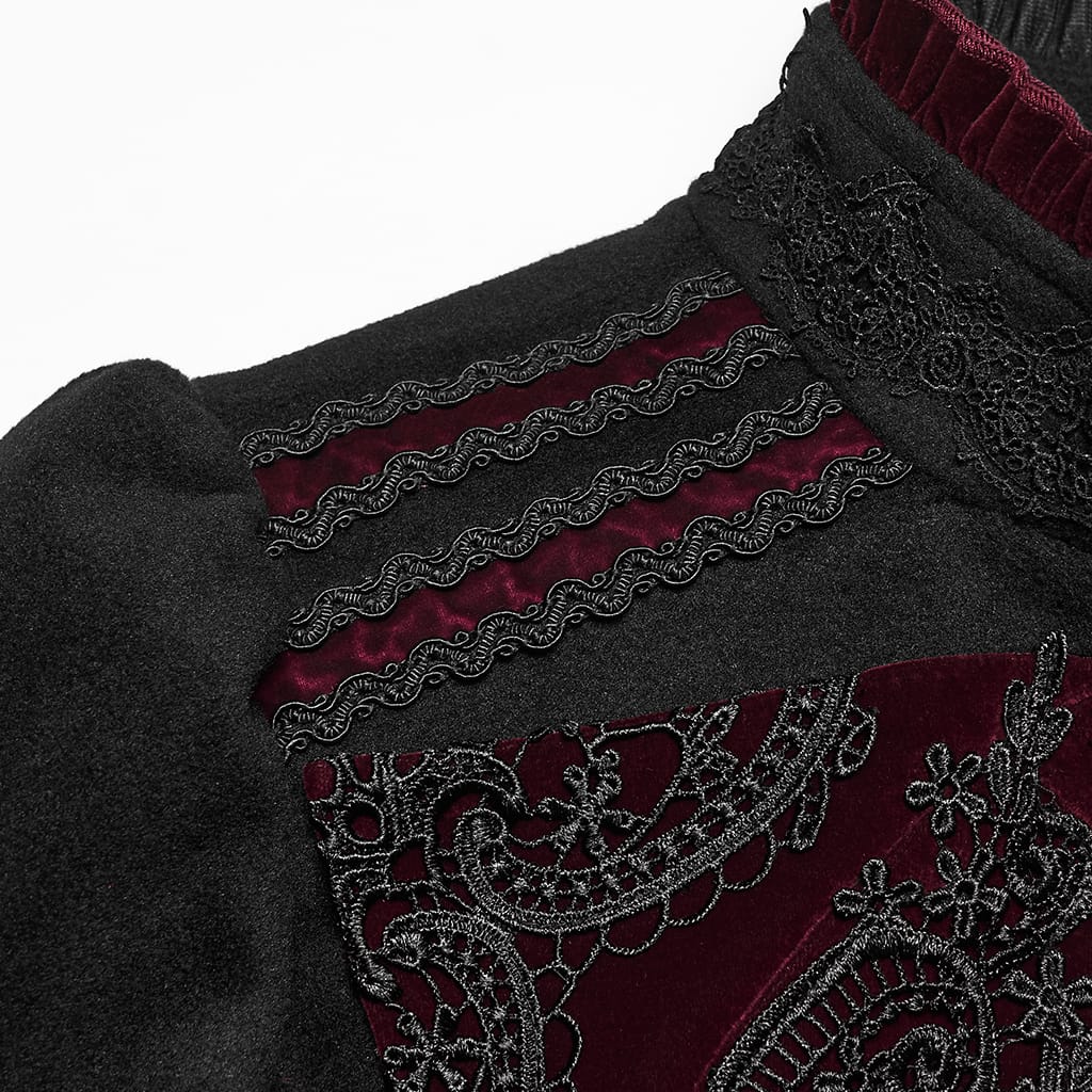 PUNK RAVE Women's Gothic Applique Lace-up Zipper Front Coat Black-Red
