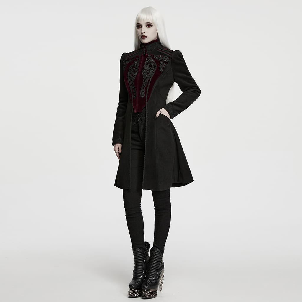 PUNK RAVE Women's Gothic Applique Lace-up Zipper Front Coat Black-Red