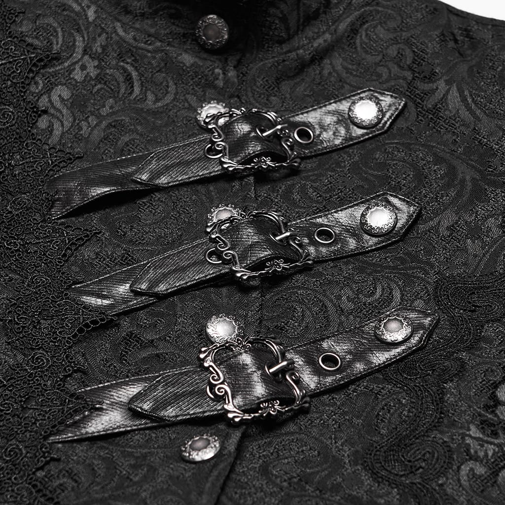 PUNK RAVE Women's Gothic Asymmetric Buckle Strap Jacquard Long Sleeve Jacket
