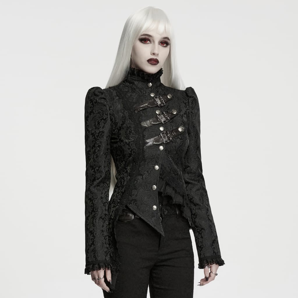 PUNK RAVE Women's Gothic Asymmetric Buckle Strap Jacquard Long Sleeve Jacket
