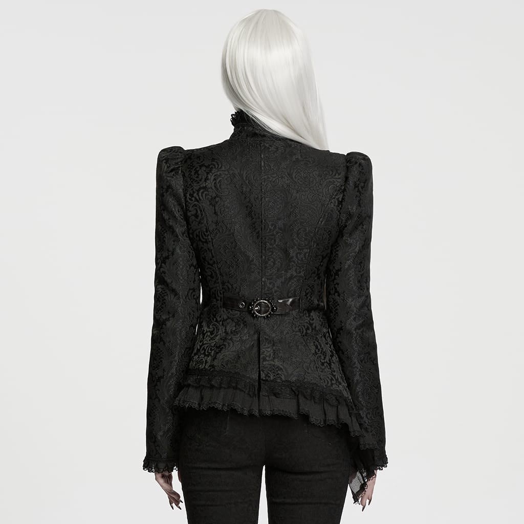 PUNK RAVE Women's Gothic Asymmetric Buckle Strap Jacquard Long Sleeve Jacket