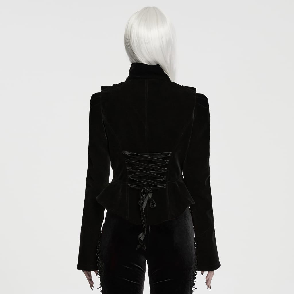 PUNK RAVE Women's Gothic Asymmetric Lace-up Lapel Velvet Coat Black