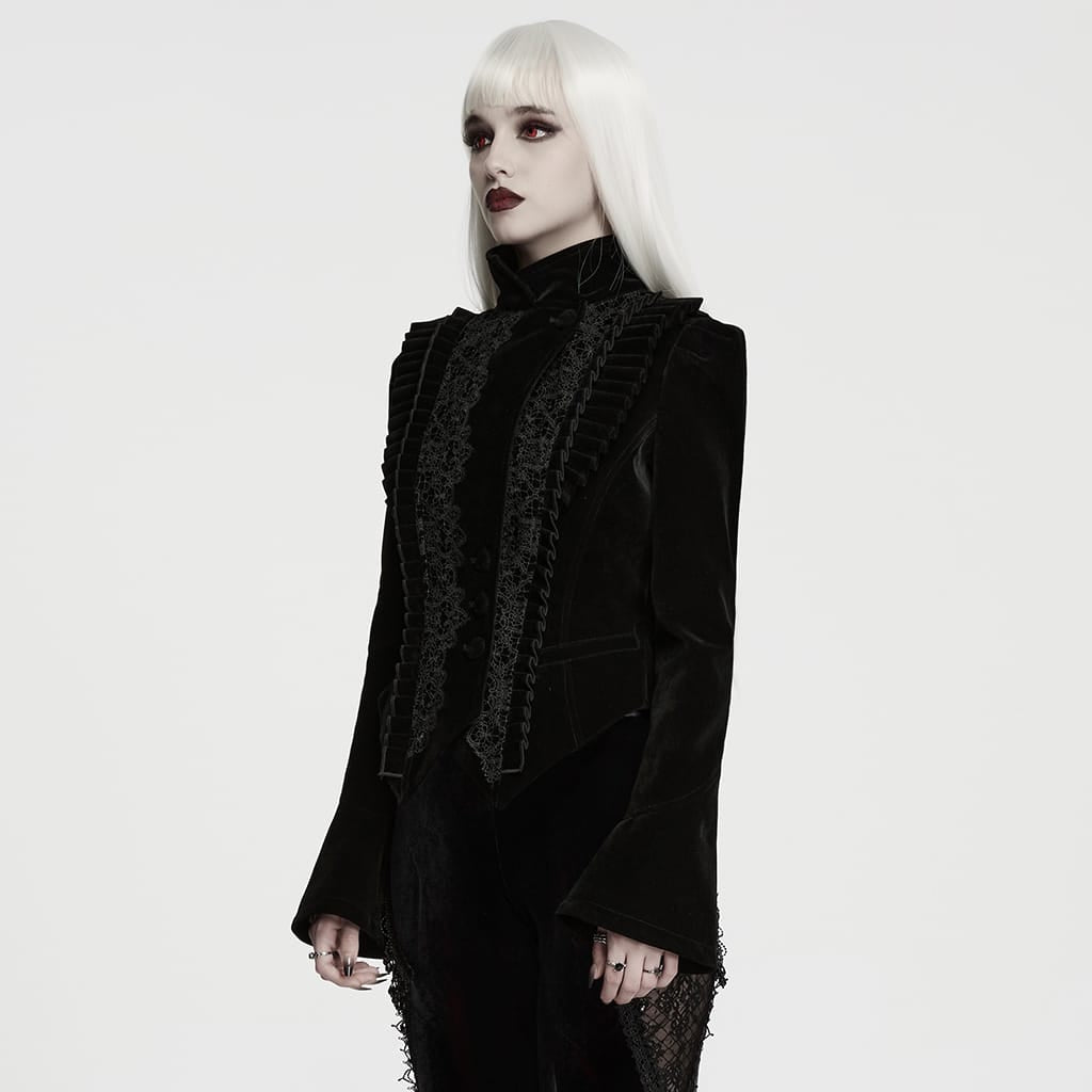 PUNK RAVE Women's Gothic Asymmetric Lace-up Lapel Velvet Coat Black