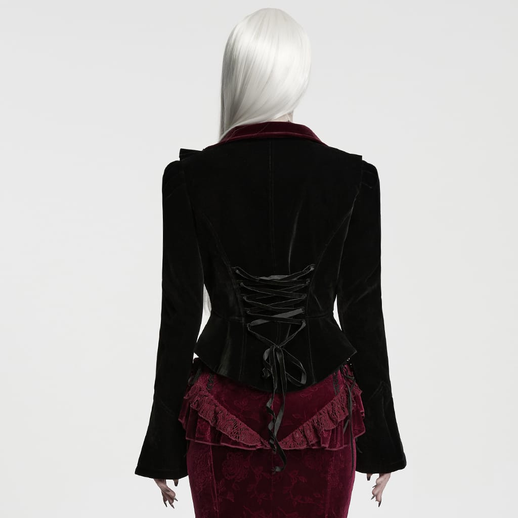 PUNK RAVE Women's Gothic Asymmetric Lace-up Lapel Velvet Coat Black-Red