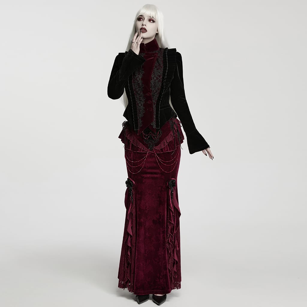PUNK RAVE Women's Gothic Asymmetric Lace-up Lapel Velvet Coat Black-Red