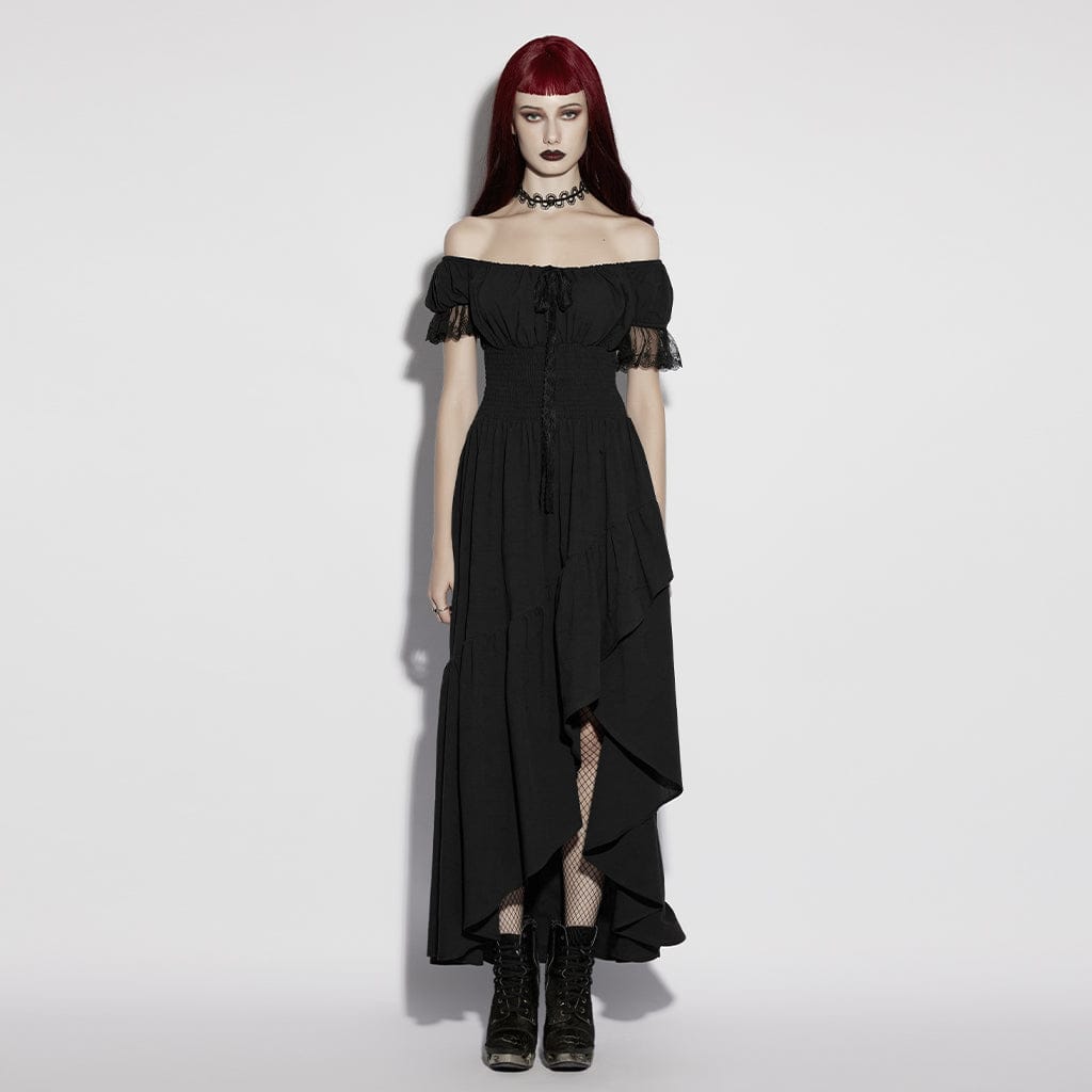 PUNK RAVE Women's Gothic Asymmetric Ruffled Off Shoulder Dress Graduation Dress