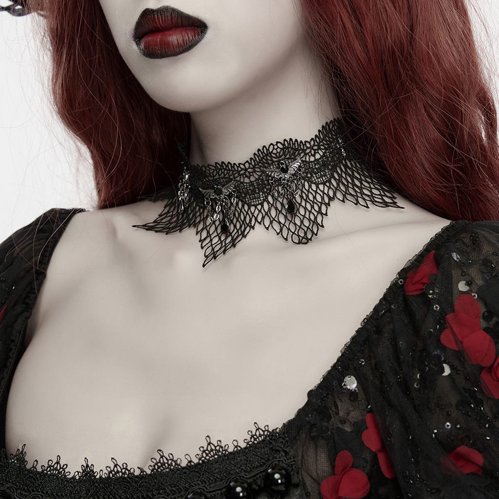 PUNK RAVE Women's Gothic Bat Decor Lace Choker