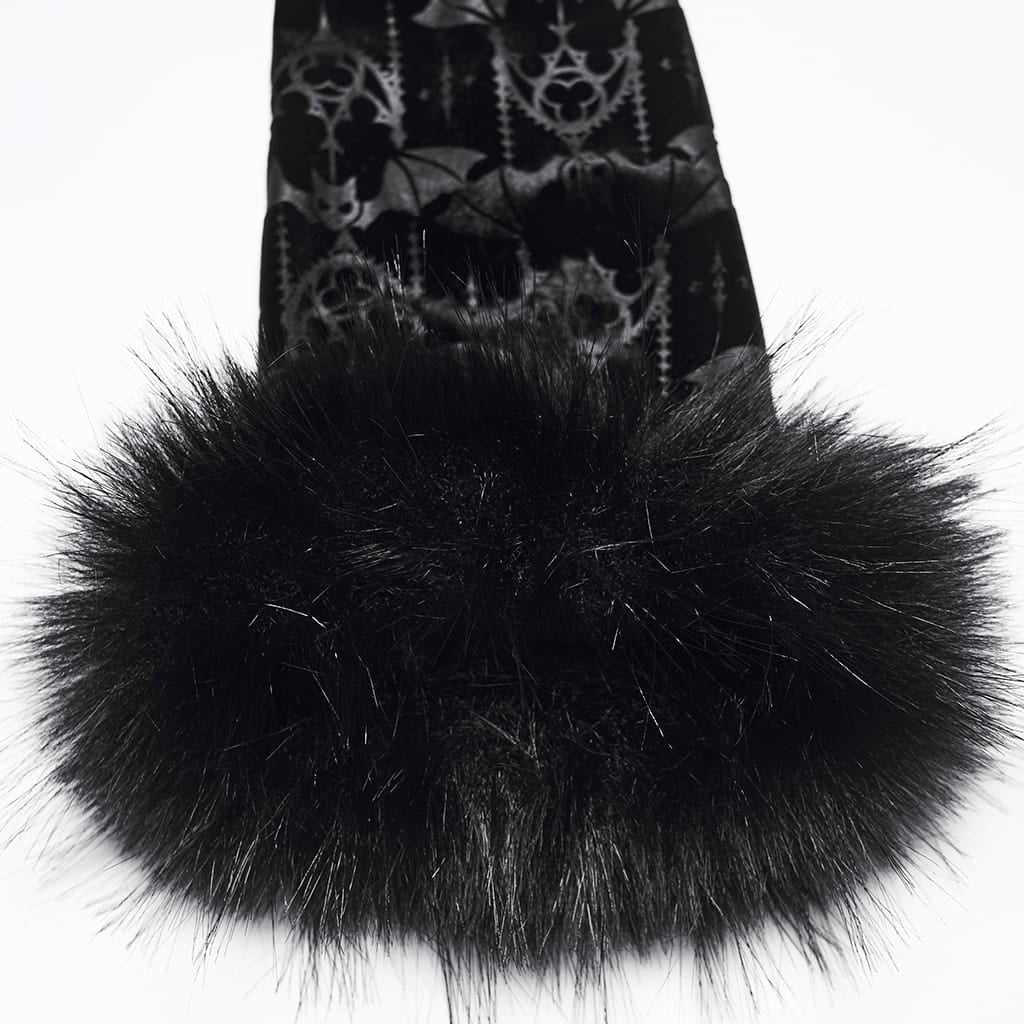 PUNK RAVE Women's Gothic Bat Jacquard Faux Fur Trim Velvet Long Sleeve Top