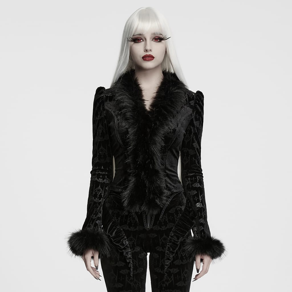 PUNK RAVE Women's Gothic Bat Jacquard Faux Fur Trim Velvet Long Sleeve Top
