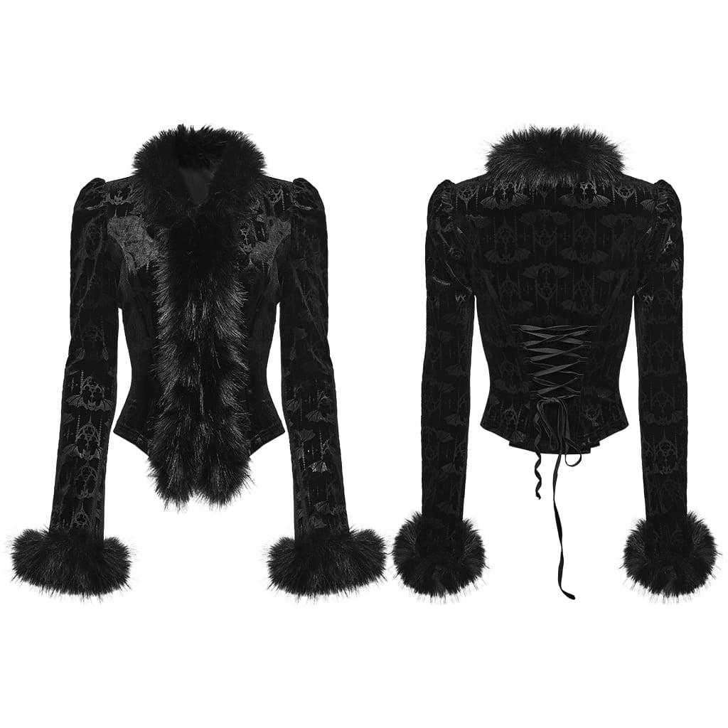 PUNK RAVE Women's Gothic Bat Jacquard Faux Fur Trim Velvet Long Sleeve Top