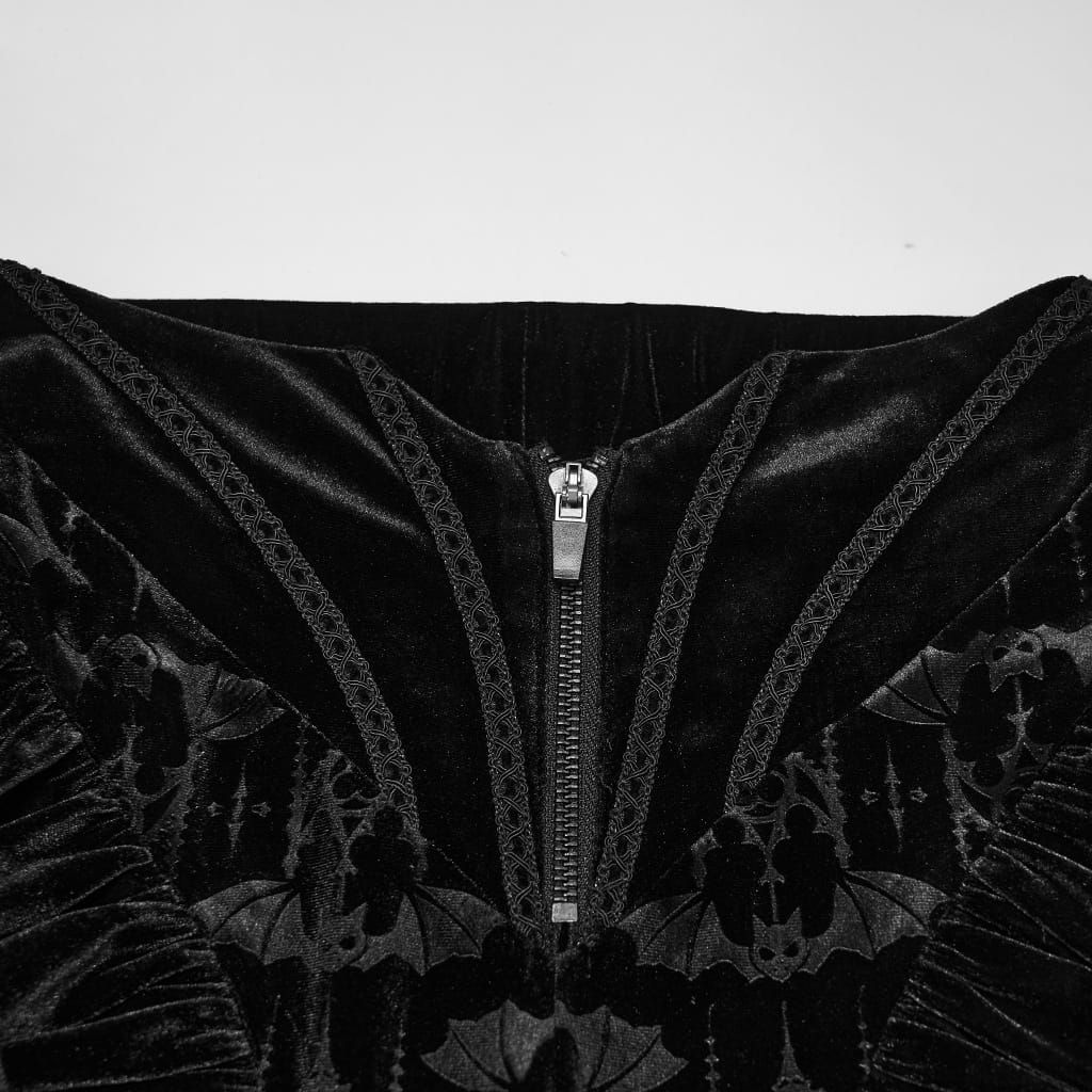 PUNK RAVE Women's Gothic Bat Jacquard Ruffle Trim Velvet Flare Pants