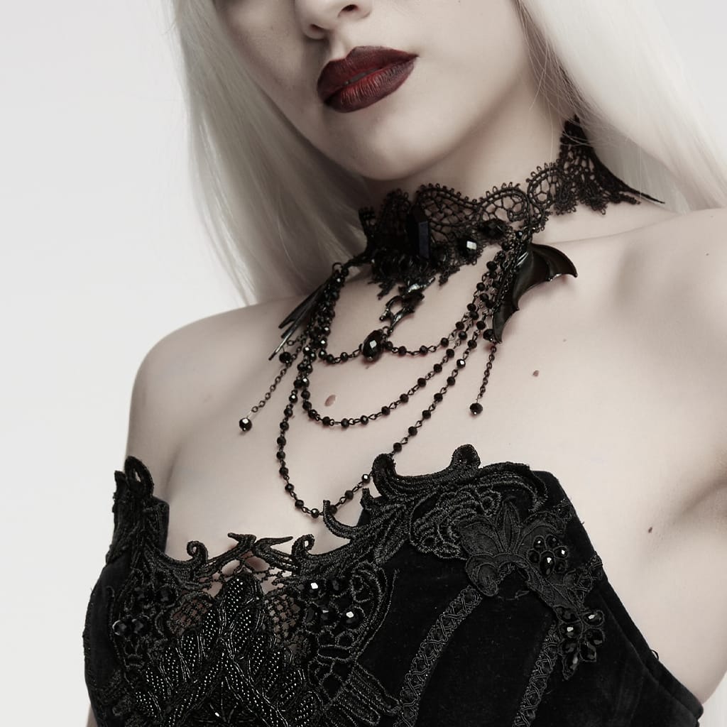 PUNK RAVE Women's Gothic Bat Wing Chain Choker