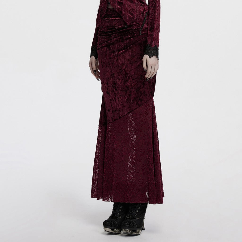 PUNK RAVE Women's Gothic Batwing Lace Splice Velvet Fishtailed Skirt Red