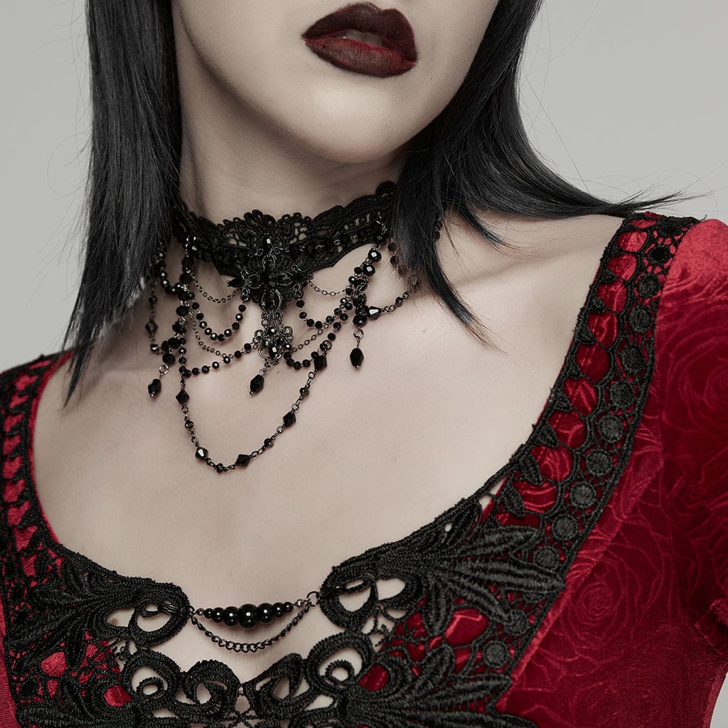 PUNK RAVE Women's Gothic Beaded Chained Lace Choker