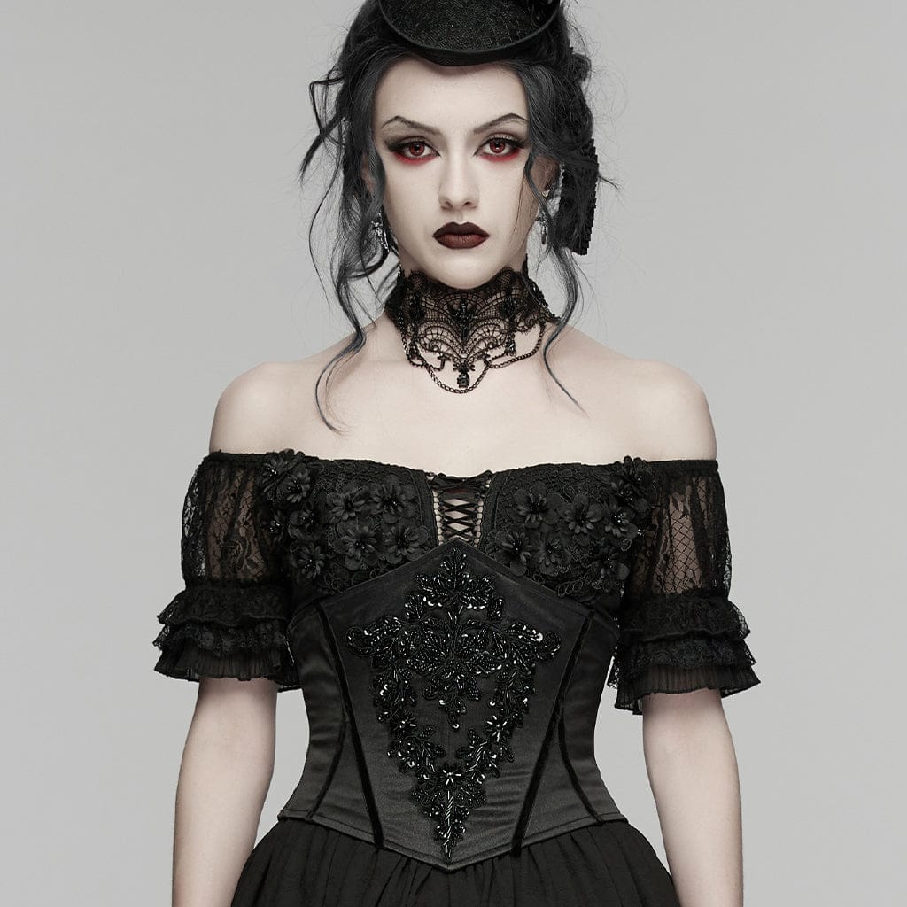 PUNK RAVE Women's Gothic Beaded Embroidered Underbust Corset