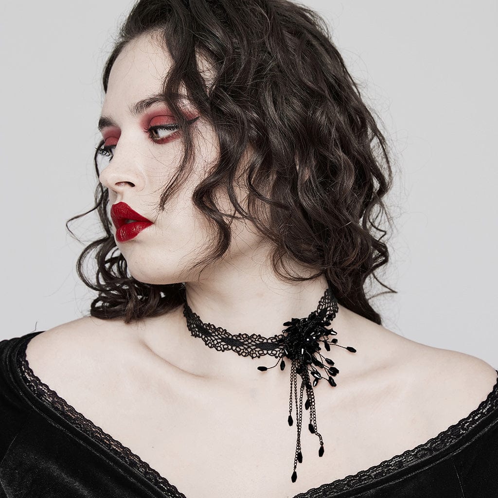 PUNK RAVE Women's Gothic Beaded Flared Lace Choker