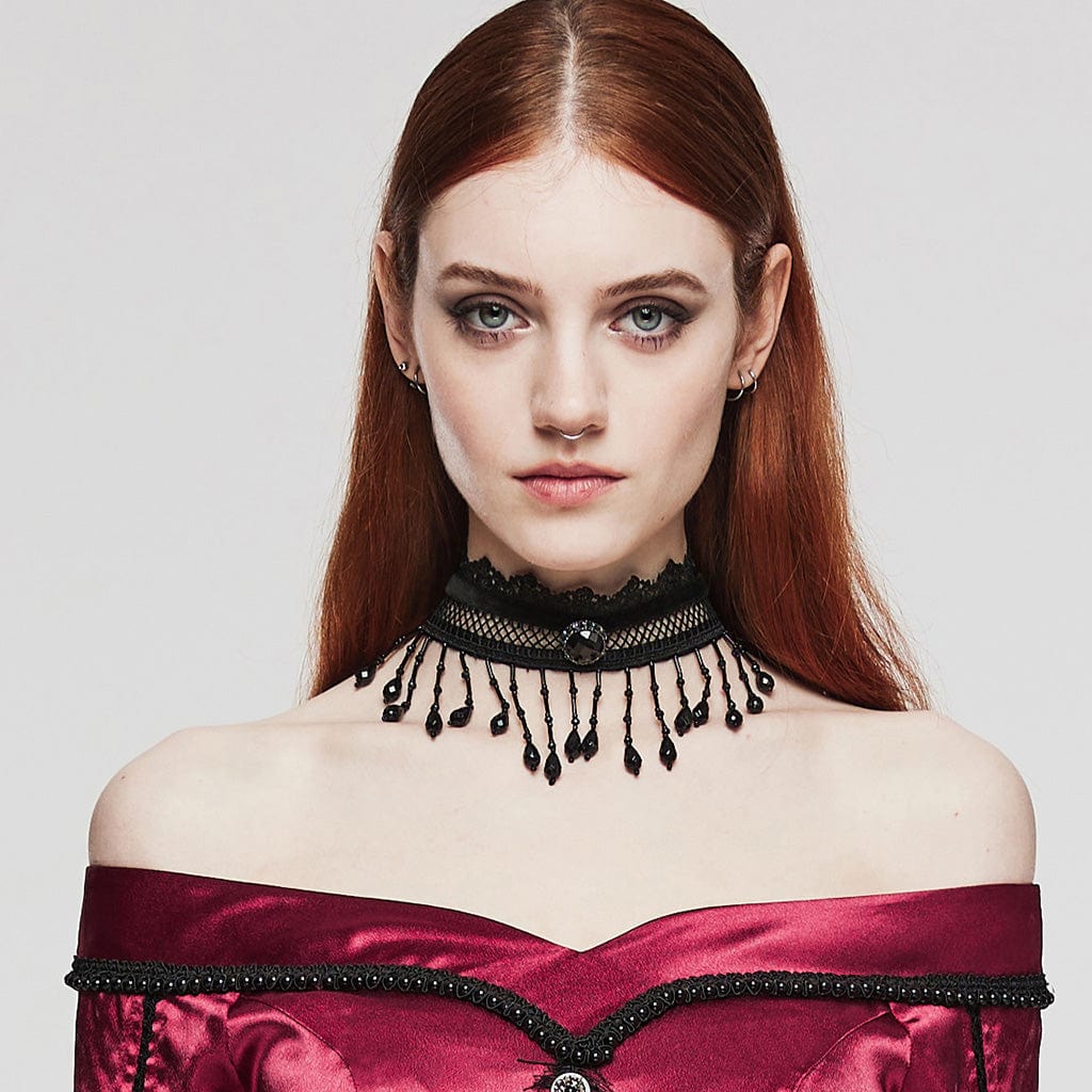 PUNK RAVE Women's Gothic Beaded Lace Choker