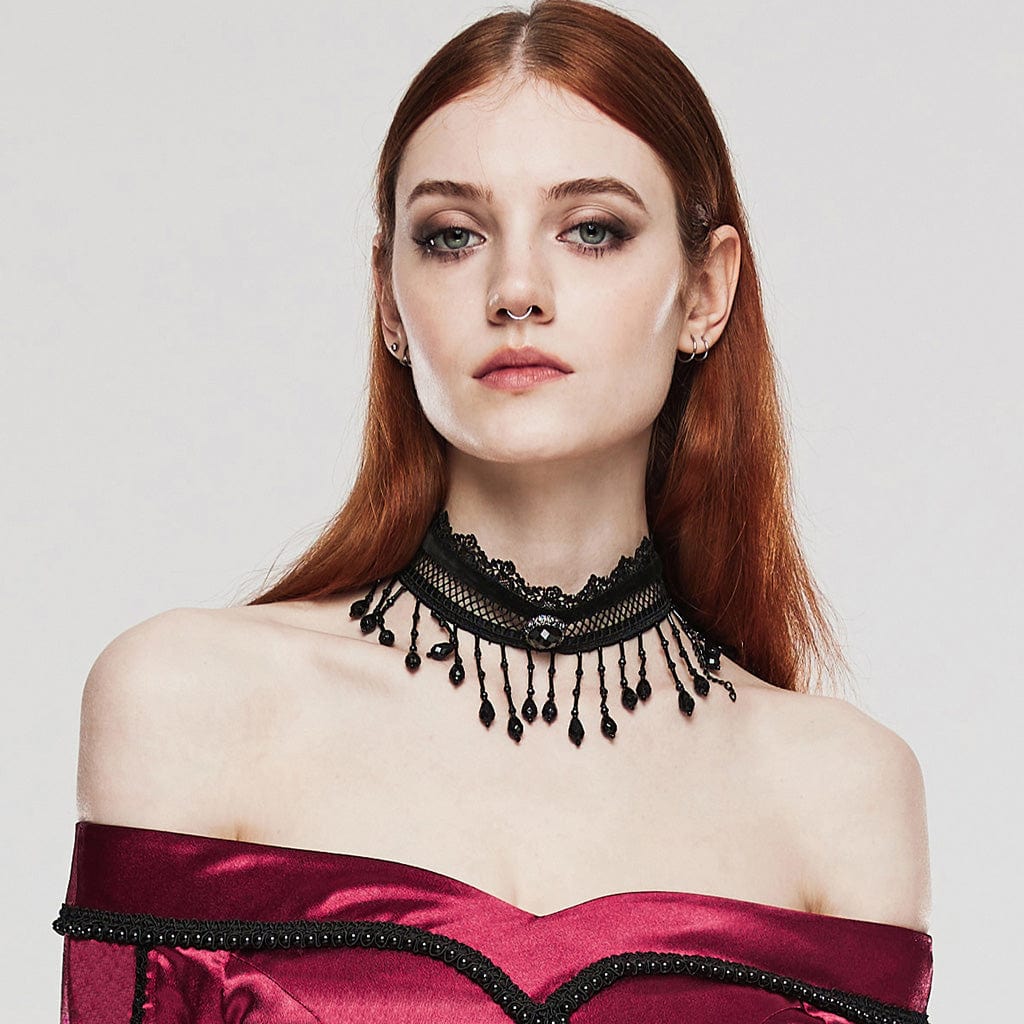 PUNK RAVE Women's Gothic Beaded Lace Choker