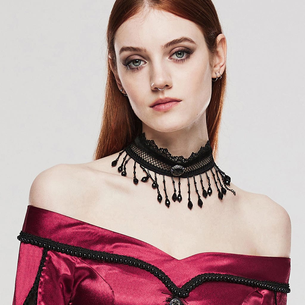 PUNK RAVE Women's Gothic Beaded Lace Choker