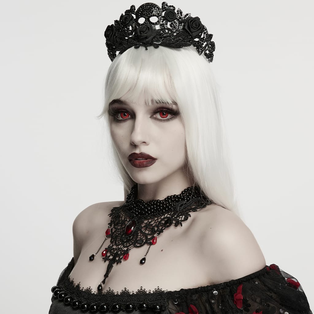 PUNK RAVE Women's Gothic Beaded Lace Choker Black-Red