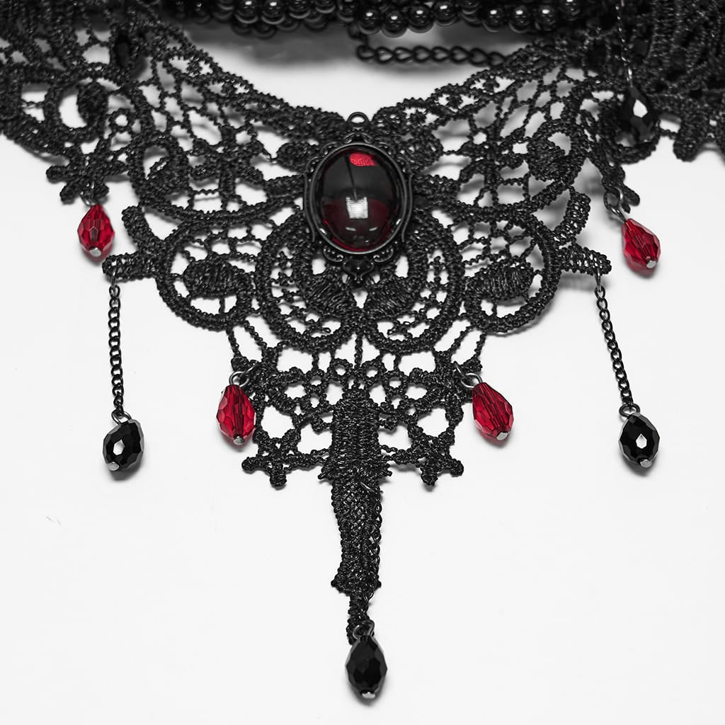 PUNK RAVE Women's Gothic Beaded Lace Choker Black-Red