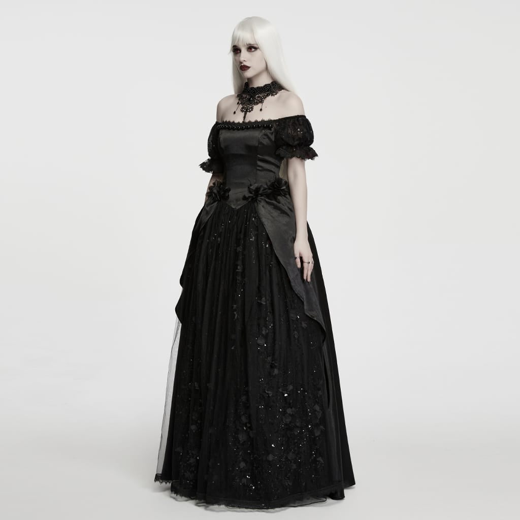 PUNK RAVE Women's Gothic Beaded Rose Square-cut Collar Puff Sleeve Maxi Dress Black