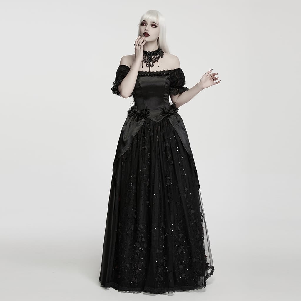 PUNK RAVE Women's Gothic Beaded Rose Square-cut Collar Puff Sleeve Maxi Dress Black