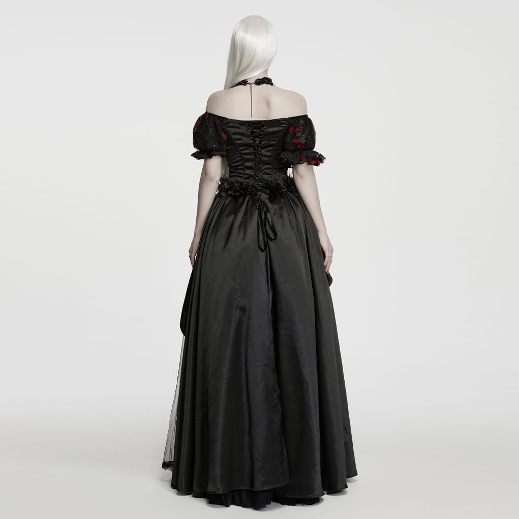 PUNK RAVE Women's Gothic Beaded Rose Square-cut Collar Puff Sleeve Maxi Dress Black-Red