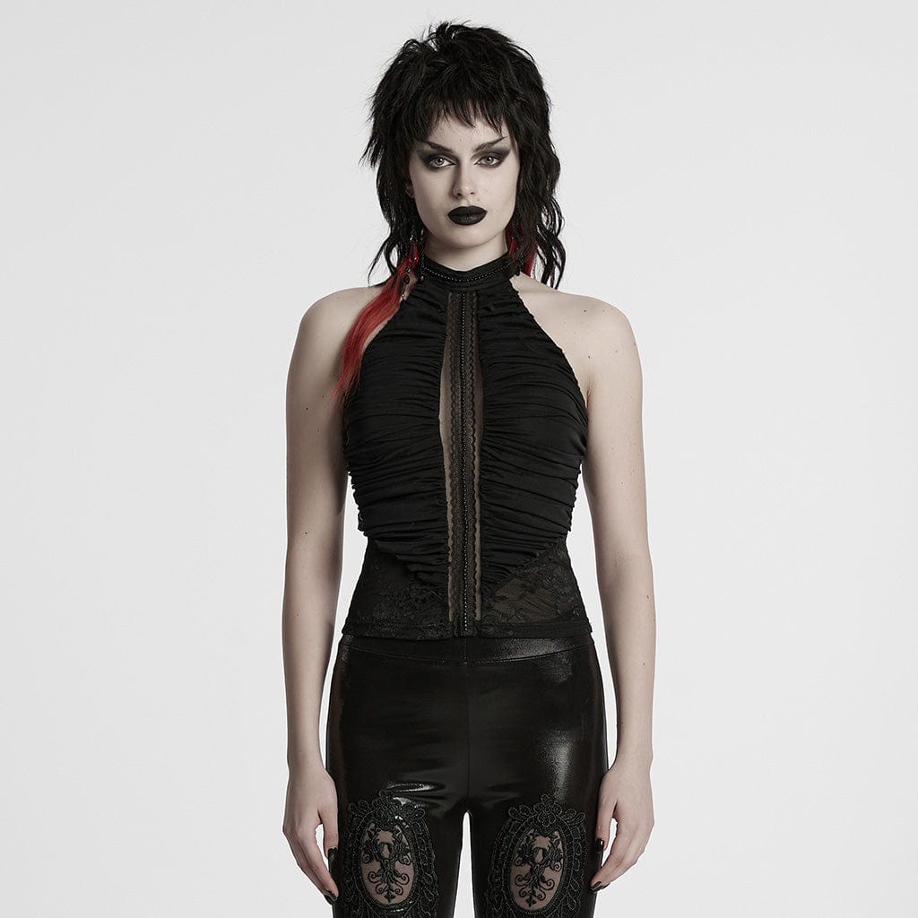 PUNK RAVE Women's Gothic Beaded Ruched Lace Halter Neck Top