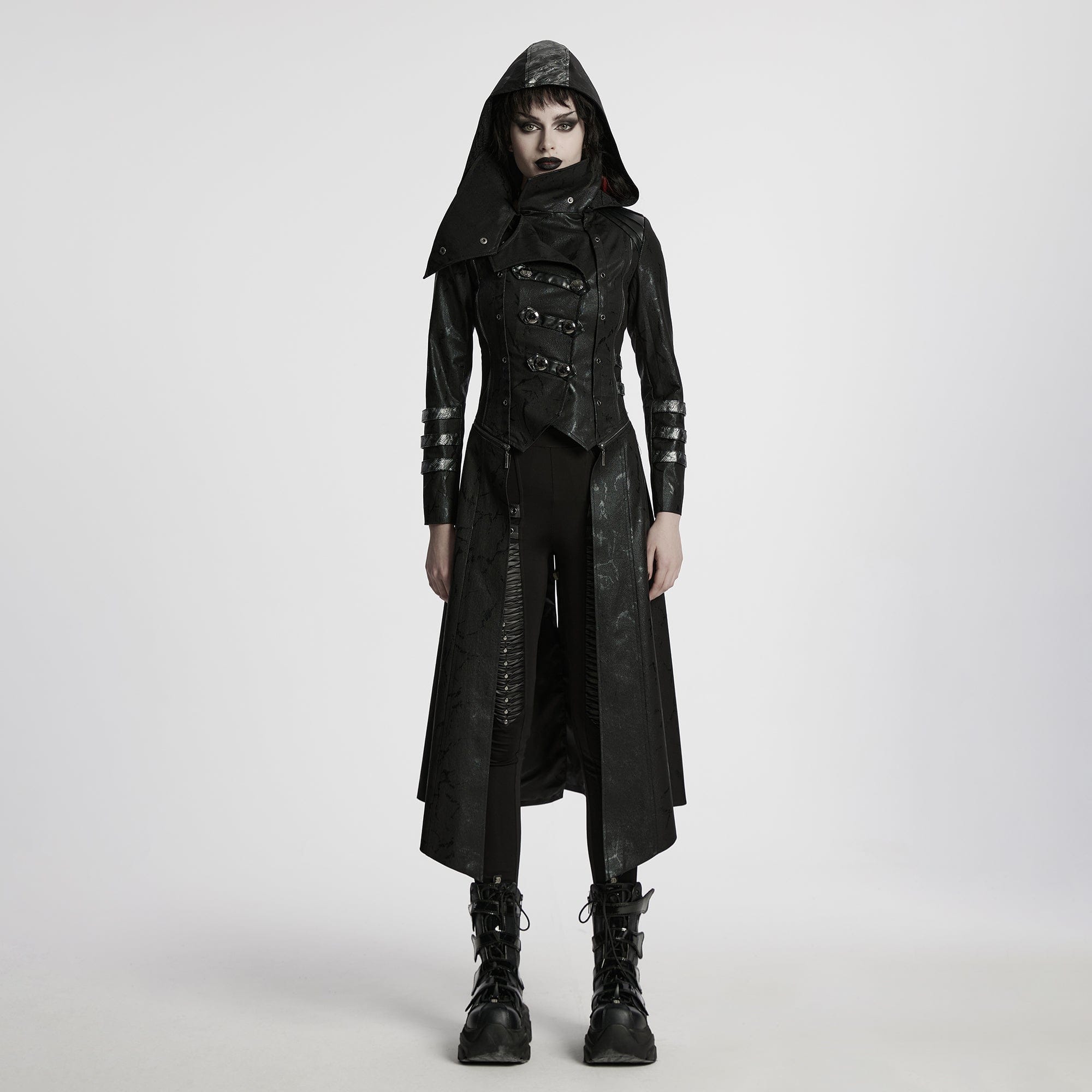 PUNK RAVE Women's Gothic Black Stretch Twill Fabric Chef Faux Leather Coat