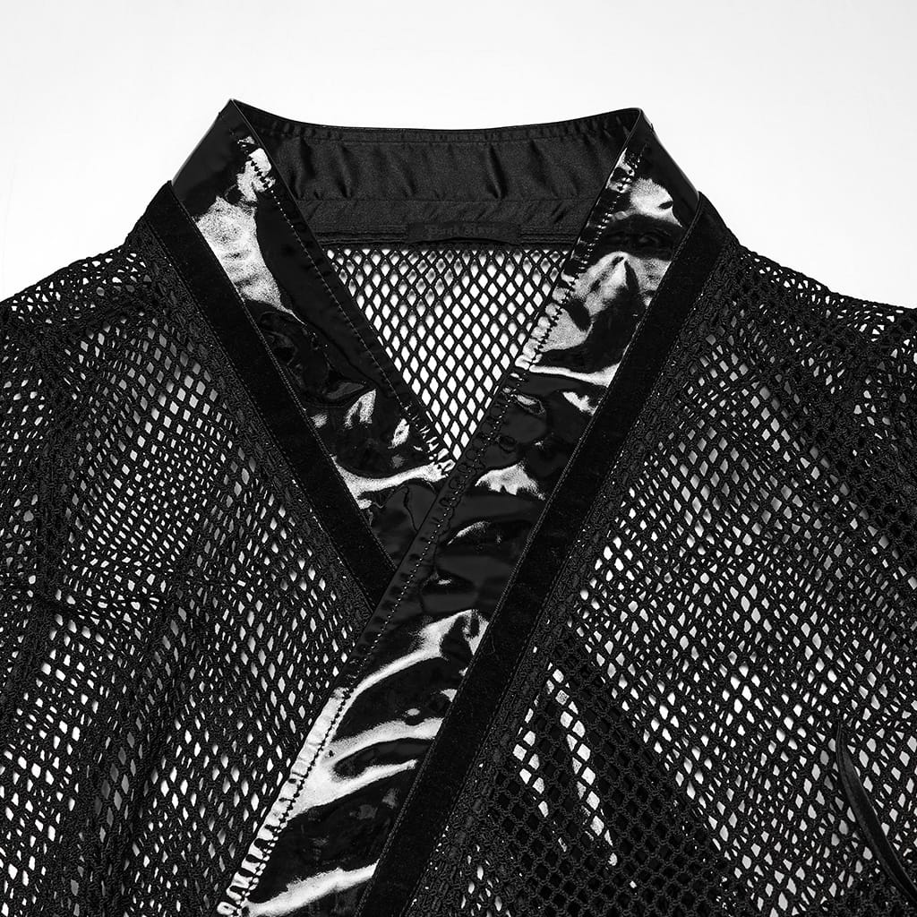 PUNK RAVE Women's Gothic Bowknot Patent Faux Leather Trim Mesh Kimono