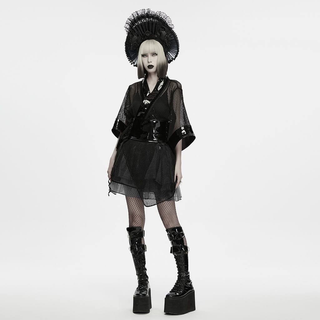 PUNK RAVE Women's Gothic Bowknot Patent Faux Leather Trim Mesh Kimono
