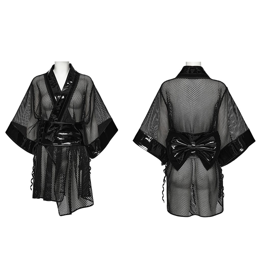 PUNK RAVE Women's Gothic Bowknot Patent Faux Leather Trim Mesh Kimono