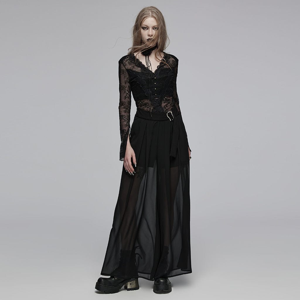 PUNK RAVE Women's Gothic Buckle Double-layered Draped Skirt