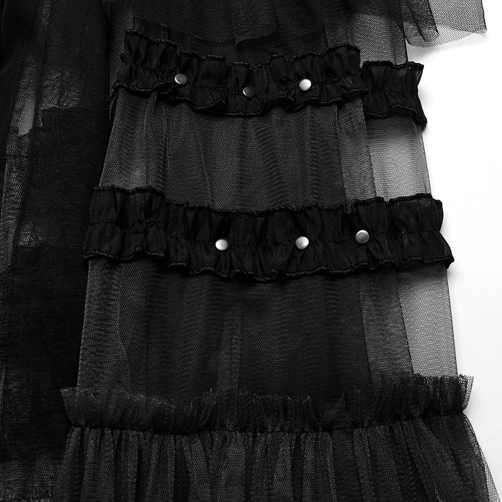 PUNK RAVE Women's Gothic Buckle Ruffled Mesh Long Over Skirt Black