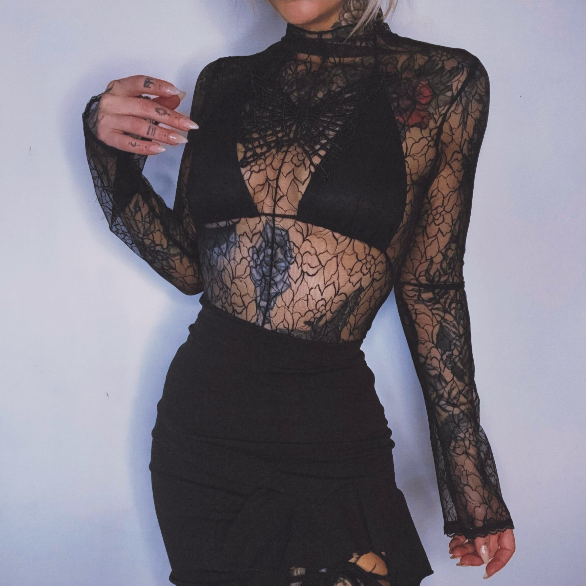 PUNK RAVE Women's Gothic Butterfly Embroidered Floral Mesh Top