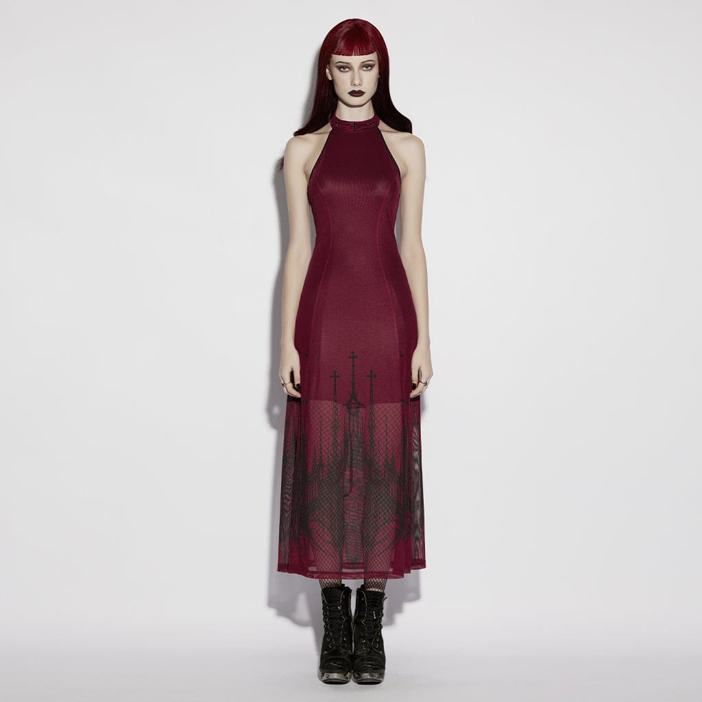 PUNK RAVE Women's Gothic Church Skull Printed Cross Halterneck Dress Graduation Dress