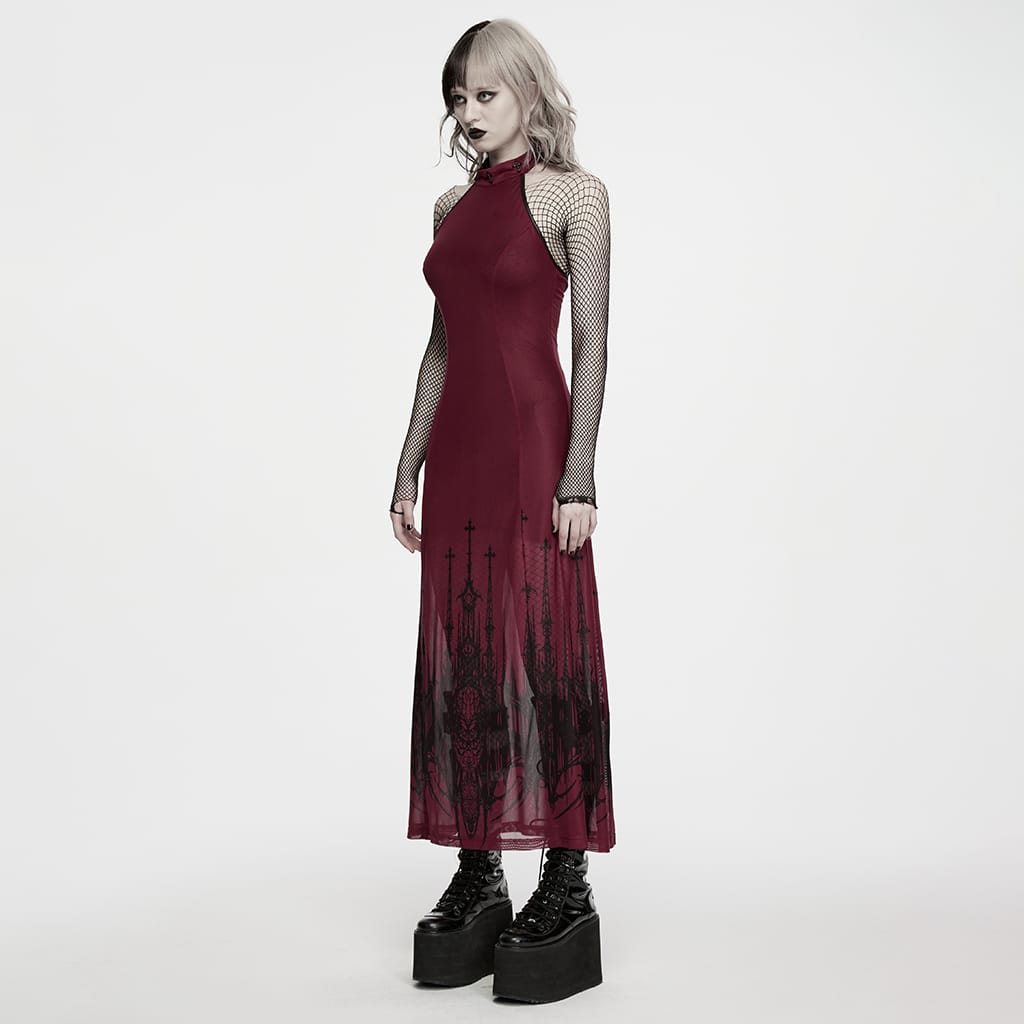 PUNK RAVE Women's Gothic Church Skull Printed Cross Halterneck Dress Graduation Dress