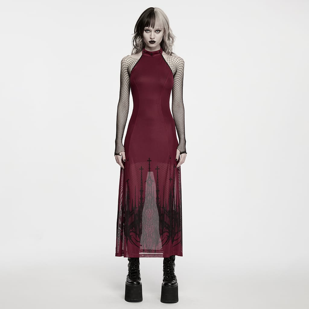 PUNK RAVE Women's Gothic Church Skull Printed Cross Halterneck Dress Graduation Dress