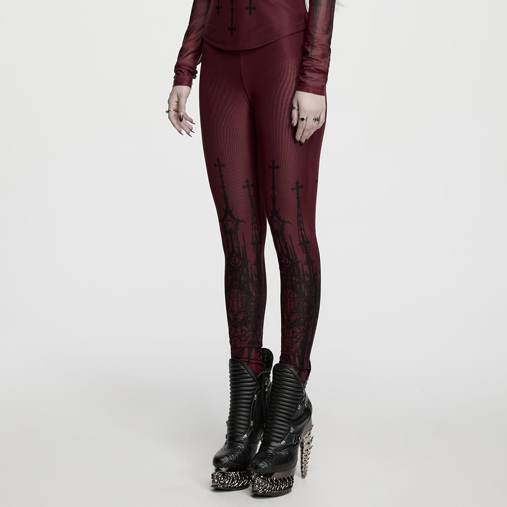PUNK RAVE Women's Gothic Church Skull Printed Leggings